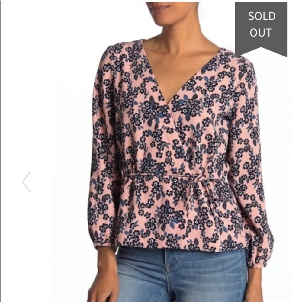 J. Crew Pink Floral V-Neck Faux Wrap Blouse